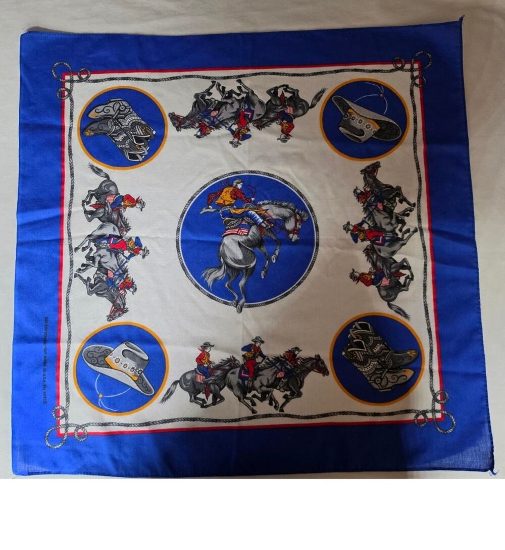 Western Cowboy Bandana Scarf Bucking Horse Rodeo Equestrian Blue Made USA 22x22